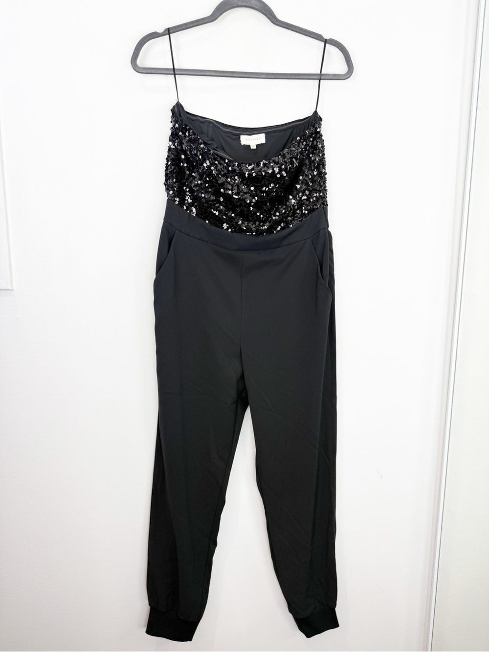 Melloday Black Sequin Strapless Jumpsuit Womens Medium Tapered Jogger Party